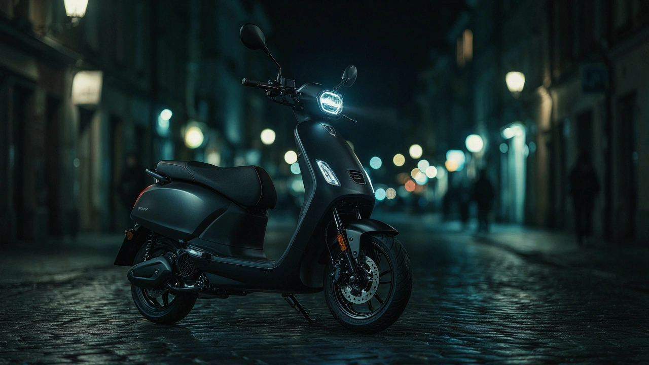 Scooter électrique urbain garé sur un pavé humide, éclairage LED, ambiance nocturne