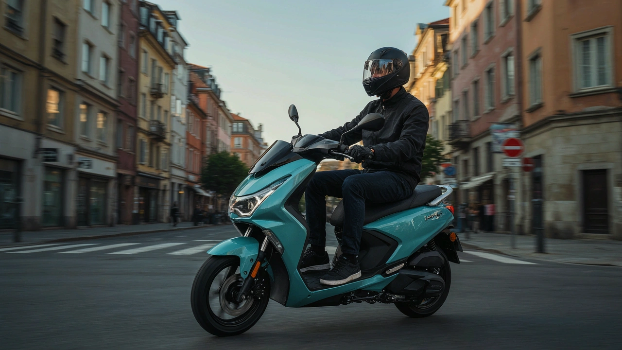 Conducteur de scooter électrique 50 en ville, le matin